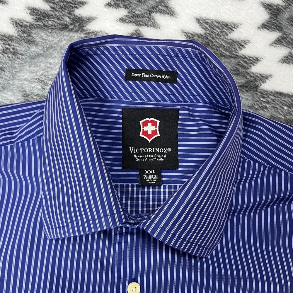 Victorinox Swiss Army Mens XXL Blue White Striped Long Sleeve Button Down Shirt